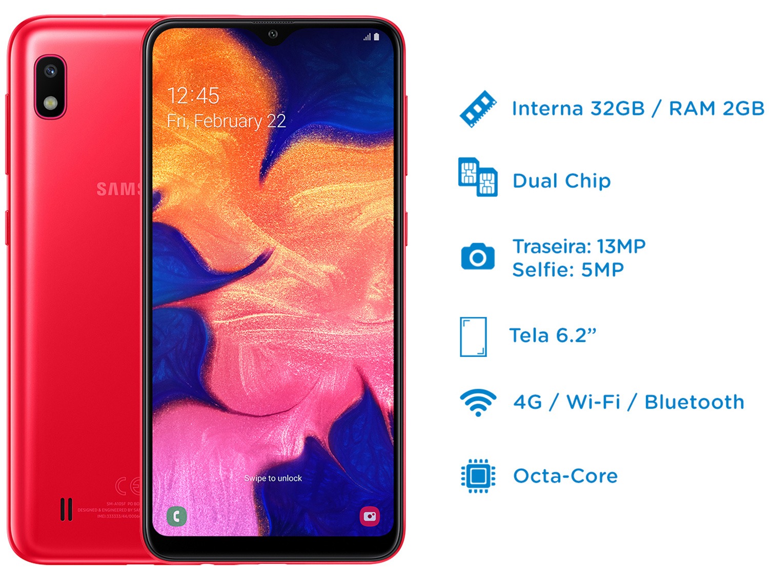 Smartphone Samsung Galaxy A10 32GB Vermelho 4G - 2GB RAM 6,2” Câm. 13MP + Câm. Selfie 5MP - Imagem 2